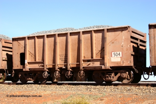 0504 Magor USA 050518 2194
Bing Siding. 3/4 view of 1963 built Magor USA waggon 504, one of twenty waggons originally used on the Oroville Dam construction before coming to the Pilbara in January 1968 as ballast waggons.
Keywords: Magor-USA;BHP-ballast-waggon;