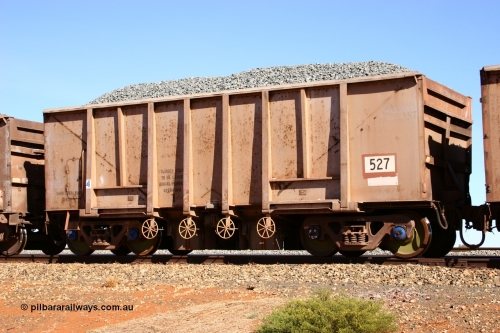 0527 Magor USA 050518 2196
Bing Siding. 3/4 view of 1963 built Magor USA waggon 527, originally in ore service before conversion to a ballast waggon.
Keywords: Magor-USA;BHP-ballast-waggon;