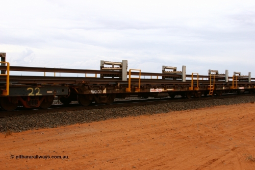 6007 Scotts of Ipswich Qld 050522 2731
Goldsworthy Junction, rail recovery and transport train flat waggon #21, 6007 with registered number G506007, built by Scotts of Ipswich Qld in 1970.
Keywords: Scotts-Qld;BHP-rail-train;