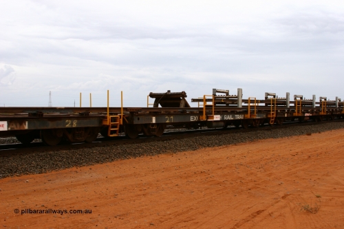 6205 Comeng WA 050522 2737
Goldsworthy Junction, rail recovery and transport train flat waggon #27, third lead in waggon, 6205, built by Comeng WA in February 1977 under order number 07-M-282 RY.
Keywords: Comeng-WA;BHP-rail-train;