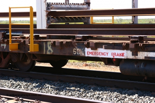 6012 Scotts of Ipswich Qld 050525 2952
Mooka Siding, rail recovery and transport train flat waggon #18, 6012, built by Scotts of Ipswich Qld in September 1970, view of number board and rail support structure.
Keywords: Scotts-Qld;BHP-rail-train;
