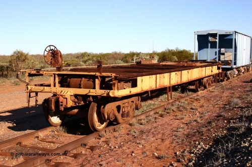 0206 USA 050713 4102
Flash Butt yard, heavily stripped down riveted waggon 206, possible original ballast waggon, number 206 was originally a waggon in the 'Camp Train' and appears to have USA origin, 3/4 view from handbrake end.
Keywords: BHP-flat-waggon;