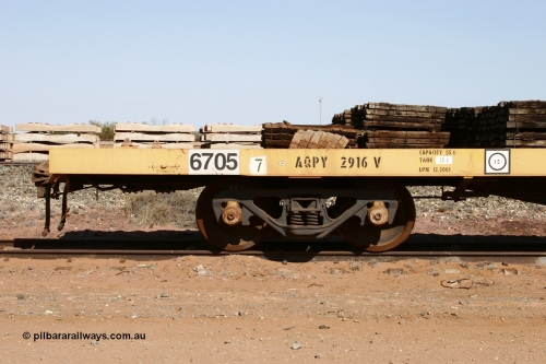 6705 051001 5621
Flash Butt yard, BHP flat waggon 6705 with EDI decal and ROA code of AQPY 2916, 55 tonne capacity, unsure of original owner, possible AN AOOX, then cut down to the Pilbara through CFCLA.
Keywords: 6705;AQPY-type;AQPY2916;CFCLA;BHP-flat-waggon;