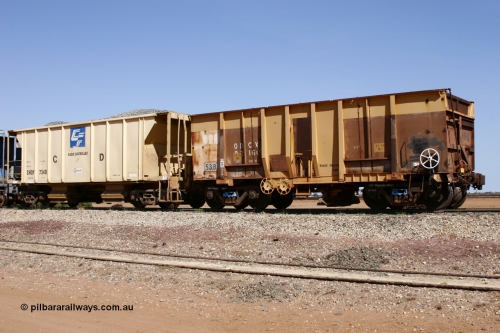 0538 Mt Newman Mining Workshops 051001 5642
Flash Butt yard, side view of ballast plough converted from Magor USA built Oroville ore waggon 538, still visible is the ODCX 82160 number from original service building the Oroville Dam next to CFCLA ballast waggon CHQY class CHQY 734.
Keywords: Magor-USA;BHP-ballast-waggon;Mt-Newman-Mining-WS;