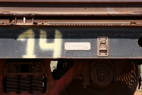6207 Comeng WA 051001 5690
Boodarie, the Steel Train or rail recovery and transport train, builders plate detail of flat waggon #14, 6207, a Comeng WA built flat waggon from January 1977 under order no. 07-M-282 RY.
Keywords: Comeng-WA;BHP-rail-train;