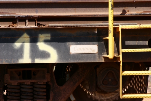 6206 Comeng WA 051001 5693
Boodarie, the Steel Train or rail recovery and transport train, builders plate detail of waggon #15, 6206, a Comeng WA built flat waggon from January 1977 under order no. 07-M-282 RY.
Keywords: Comeng-WA;BHP-rail-train;