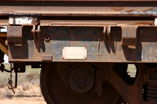 6009 Scotts of Ipswich Qld 051001 5694
Boodarie, the Steel Train or rail recovery and transport train, builders plate detail of flat waggon #16, 6009, a Scotts of Ipswich Qld built flat waggon from September 1970.
Keywords: Scotts-Qld;BHP-rail-train;