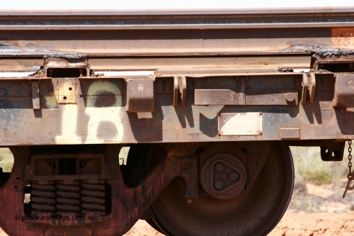 6012 Scotts of Ipswich Qld 051001 5700
Boodarie, the Steel Train or rail recovery and transport train, flat waggon #18, 6012, detail of builders plate, a Scotts of Ipswich Qld built flat waggon with build date 11-09-1970.
Keywords: Scotts-Qld;BHP-rail-train;