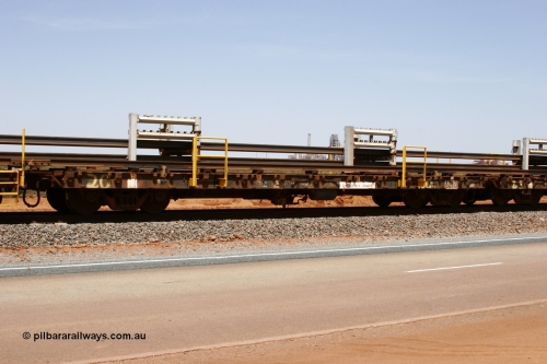 6010 Scotts of Ipswich Qld 051001 5702
Boodarie, the Steel Train or rail recovery and transport train, flat waggon #20, 6010, a Scotts of Ipswich Qld built flat waggon from September 1970.
Keywords: Scotts-Qld;BHP-rail-train;
