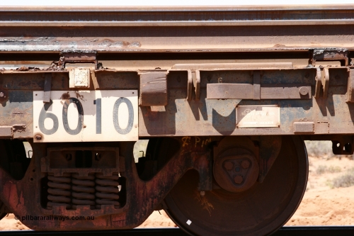 6010 Scotts of Ipswich Qld 051001 5704
Boodarie, the Steel Train or rail recovery and transport train, builders plate detail of flat waggon #20, 6010, a Scotts of Ipswich Qld built flat waggon on 03-09-1970.
Keywords: Scotts-Qld;BHP-rail-train;