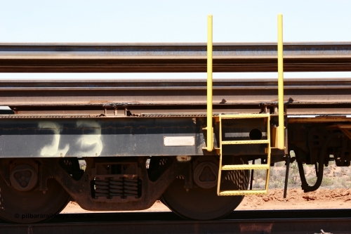 6208 Comeng WA 051001 5713
Boodarie, the Steel Train or rail recovery and transport train, flat waggon #23, 6208, builders plate, bogie and ladder, a Comeng WA built flat waggon from February 1977 under order no. 07-M-282 RY.
Keywords: Comeng-WA;BHP-rail-train;