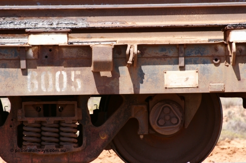 6005 Scotts of Ipswich Qld 051001 5716
Boodarie, the Steel Train or rail recovery and transport train, flat waggon #24, 6005, builders plate, a Scotts of Ipswich Qld built flat waggon on 12th September 1970.
Keywords: Scotts-Qld;BHP-rail-train;