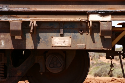 6005 Scotts of Ipswich Qld 051001 5717
Boodarie, the Steel Train or rail recovery and transport train, flat waggon #24, 6005, builders plate, a Scotts of Ipswich Qld built flat waggon on 12th September 1970.
Keywords: Scotts-Qld;BHP-rail-train;