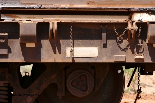 6014 Comeng WA 051001 5719
Boodarie, the Steel Train or rail recovery and transport train, flat waggon #26, 6015, builders plate, a Comeng WA built flat waggon from 1971.
Keywords: Comeng-WA;BHP-rail-train;