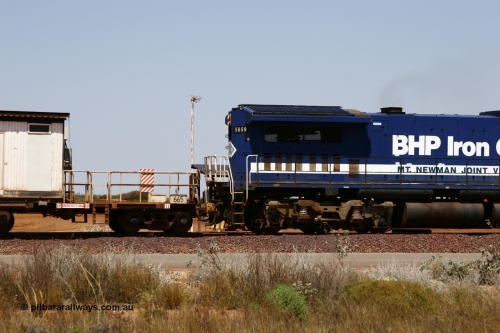 0665 Mt Newman Mining Workshops 051001 5741
Boodarie, the Steel Train or rail recovery and transport train, cut down by Mt Newman Mining workshops, a Magor USA built former Oroville Dam 91 ton ore waggon 665, seen here being used as the crib waggon on the end of the steel train.
Keywords: Magor-USA;BHP-rail-train;