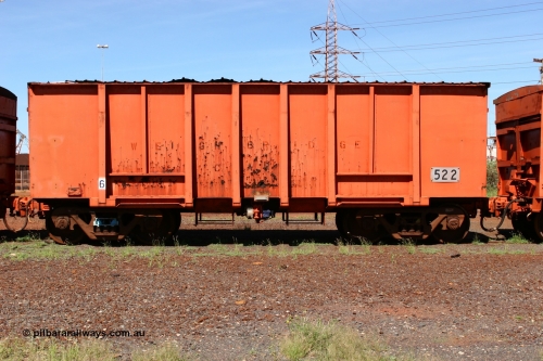 0522 Mt Newman Mining Workshops 060414 3441
Nelson Point yard, weighbridge test waggon 522, originally built by Magor USA and ex Oroville Dam, converted by Mt Newman Mining into a 20 ton axle load test waggon. The others in the fleet are 40, 60 and 100 tons. April 14, 2006.
Keywords: Magor-USA;BHP-weigh-waggon;