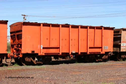 0510 Mt Newman Mining Workshops 060414 3442
Nelson Point yard, originally a Magor USA built ballast waggon for the Oroville Dam construction, 510 seen here modified as a weighbridge test car. The others in the fleet are 40, 60 and 100 tons. April 14, 2006.
Keywords: Magor-USA;BHP-weigh-waggon;