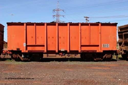 0510 Mt Newman Mining Workshops 060414 3443
Nelson Point yard, originally a Magor USA built ballast waggon for the Oroville Dam construction, 510 seen here modified as a weighbridge test car. The others in the fleet are 40, 60 and 100 tons. April 14, 2006.
Keywords: Magor-USA;BHP-weigh-waggon;