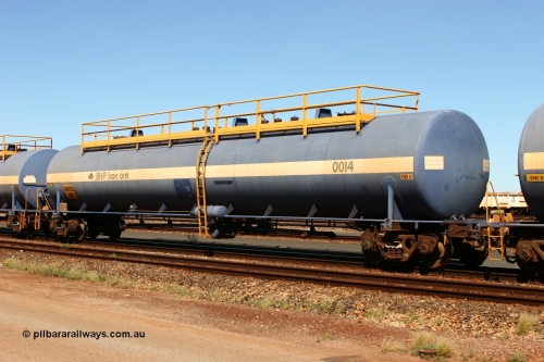 0014 Comeng WA 060414 3459
Nelson Point yard, empty 116 kL Comeng WA built tank waggon 0014 from 1974-5, one of six such tank waggons.
Keywords: Comeng-WA;BHP-tank-waggon;