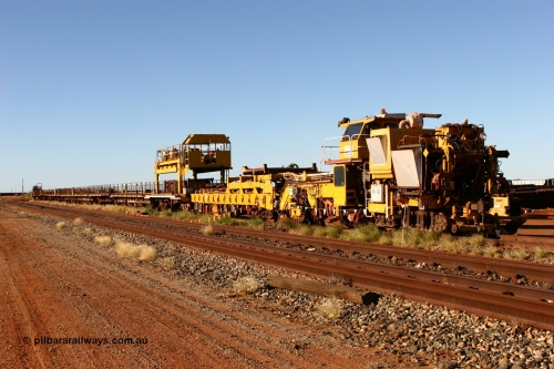 060429 3718
Flash Butt yard, a view along the Harsco 'Pony' track resleeping and relaying machine and sleeper carting waggons and gantry trolleys.
Keywords: Harsco;Pony-Track-Relayer;