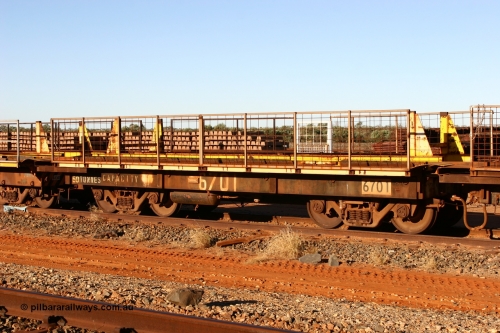 6702 Mt Newman Mining Workshops 060429 3741
Flash Butt yard, Pony re-laying waggon 6702 is a heavily cut down and modified Magor USA ore waggon done by Mt Newman Mining workshops, converted to a 50 tonne flat waggon.
Keywords: BHP-pony-waggon;Magor-USA;Mt-Newman-Mining-WS;