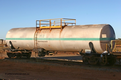 0001 Comeng NSW 060429 3748
Flash Butt yard - South Hedland, water tank waggon 0001, originally built by Comeng NSW in November 1970 as one of two waggons with an 82,000 litre capacity. The other unit 0002 went on to become fuel tank 0020 after being converted to a weed spray waggon. 29th April 2006.
Keywords: Comeng-NSW;BHP-tank-waggon;