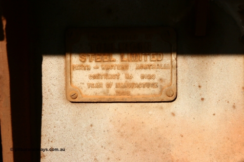 060429 3758
Flash Butt yard, Pony re-laying waggon, builders plate originally built for Goldsworthy Mining as one of a batch of six with a 55 tonne rating by Tomlinson Steel in 1966.
Keywords: BHP-pony-waggon;Tomlinson-Steel-WA;GML;