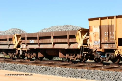 8701 Difco USA 060501 3869
Tabba Siding, originally built by Difco USA for Goldsworthy Mining Ltd in 1967 as a batch of five, prefixed with 870 in BHP service, 8701 side dump waggon loaded with ballast.
Keywords: Difco-Ohio-USA;GML;BHP-ballast-waggon;