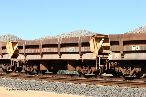 8703 Difco USA 060501 3873
Tabba Siding, originally built by Difco USA for Goldsworthy Mining Ltd in 1967 as a batch of five, prefixed with 870 in BHP service, 8703 side dump waggon loaded with ballast.
Keywords: Difco-Ohio-USA;GML;BHP-ballast-waggon;