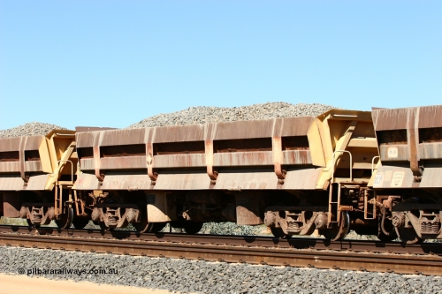 8705 Difco USA 060501 3876
Tabba Siding, originally built by Difco USA for Goldsworthy Mining Ltd in 1967 as a batch of five, prefixed with 870 in BHP service, 8705 side dump waggon loaded with ballast.
Keywords: Difco-Ohio-USA;GML;BHP-ballast-waggon;