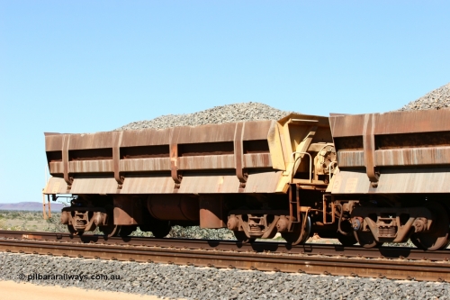 8704 Difco USA 060501 3879
Tabba Siding, originally built by Difco USA for Goldsworthy Mining Ltd in 1967 as a batch of five, prefixed with 870 in BHP service, 8704 side dump waggon loaded with ballast.
Keywords: Difco-Ohio-USA;GML;BHP-ballast-waggon;