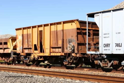 0538 Mt Newman Mining Workshops 060501 3892
Tabba Siding, ballast plough waggon converted from Magor USA built Oroville ore waggon 538, still visible is the ODCX 82160 number from original service building the Oroville Dam.
Keywords: Magor-USA;BHP-ballast-waggon;Mt-Newman-Mining-WS;