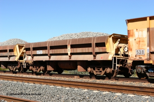 8701 Difco USA 060501 3893
Tabba Siding, originally built by Difco USA for Goldsworthy Mining Ltd in 1967 as a batch of five, prefixed with 870 in BHP service, 8701 side dump waggon loaded with ballast.
Keywords: Difco-Ohio-USA;GML;BHP-ballast-waggon;