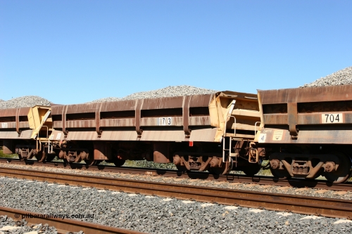 8703 Difco USA 060501 3895
Tabba Siding, originally built by Difco USA for Goldsworthy Mining Ltd in 1967 as a batch of five, prefixed with 870 in BHP service, 8703 side dump waggon loaded with ballast.
Keywords: Difco-Ohio-USA;GML;BHP-ballast-waggon;