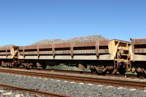 8702 Difco USA 060501 3900
Tabba Siding, originally built by Difco USA for Goldsworthy Mining Ltd in 1967 as a batch of five, prefixed with 870 in BHP service, 8702 side dump waggon loaded with ballast.
Keywords: Difco-Ohio-USA;GML;BHP-ballast-waggon;
