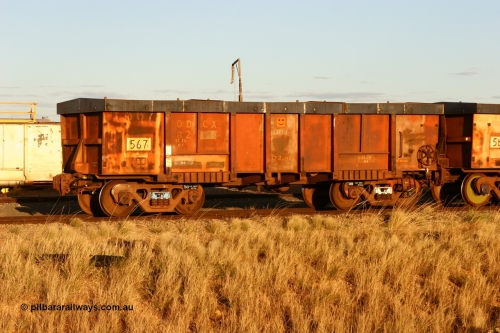 0567 BHP OCRS 060618 6217
Flash Butt yard, modified original Magor USA built Oroville waggon 567, cut down and covered for use as indexing waggons at Finucane Island car dumpers, note the original ODCX marking visible.
Keywords: Magor-USA;Oroville;BHP-index-waggon;
