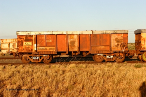 0567 BHP OCRS 060618 6220
Flash Butt yard, modified original Magor USA built Oroville waggon 567, cut down and covered for use as indexing waggons at Finucane Island car dumpers, note the original ODCX marking visible.
Keywords: Magor-USA;Oroville;BHP-index-waggon;
