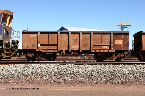 0576 BHP OCRS 060713 6545
Boodarie Yard, modified original Magor USA built Oroville waggon 576, cut down and covered and in use as indexing waggons on the front of each rake for Finucane Island car dumpers, note the original ODCX marking visible.
Keywords: Magor-USA;Oroville;BHP-index-waggon;