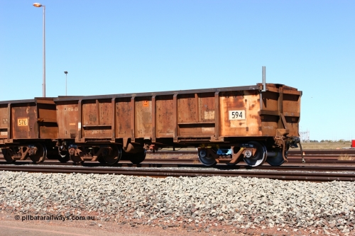 0594 BHP OCRS 060713 6548
Boodarie Yard, modified original Magor USA built Oroville waggon 594, cut down and covered and in use as indexing waggons on the front of each rake for Finucane Island car dumpers, note the original ODCX marking visible.
Keywords: Magor-USA;Oroville;BHP-index-waggon;