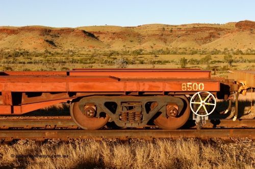 8500 Tomlinson Steel 060714 6895
Garden Siding, flat waggon 8500, originally built by Tomlinson Steel WA for Goldsworthy Mining as one of six 55 ton flat waggons built in 1966, and later modified by BHP to increase its capacity, bogie and handbrake detail.
Keywords: Tomlinson-Steel-WA;GML;BHP-flat-waggon;