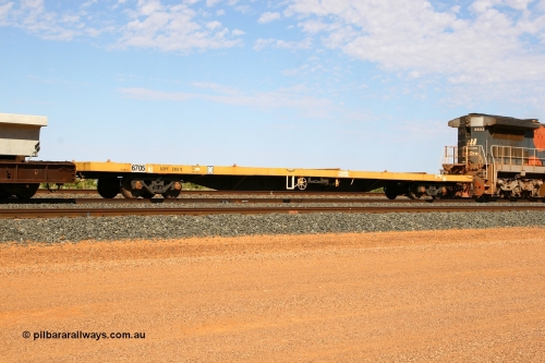 6705 071202 1232
Turner Siding, CFCLA flat waggon AQPY type AQPY 2916, also carrying BHP road number 6705, a 55 tonne capacity waggon.
Keywords: 6705;AQPY-type;AQPY2916;CFCLA;BHP-flat-waggon;