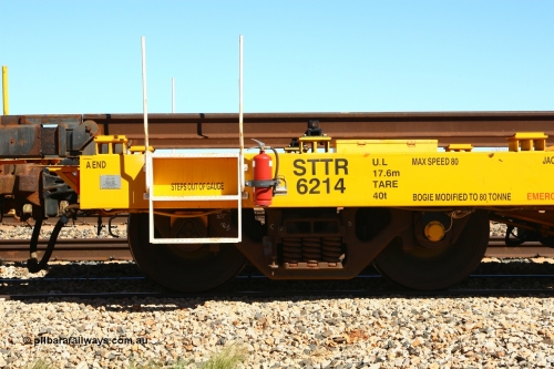 6214 Gemco 080621 2731
Gillman Siding, new Lead-Off Lead-On waggon STTR class STTR 6214 on the end of the Steel Train or rail recovery and transport train, built by Gemco Rail WA, close up of bogie and detail of A end.
Keywords: Gemco-Rail-WA;BHP-rail-train;STTR-type;STTR6214;