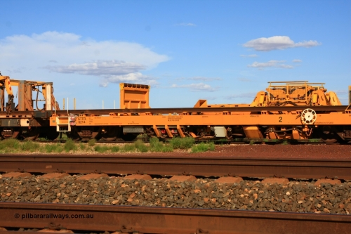 6214 Gemco WA 110208 9434
Flash Butt yard, new Lead-Off Lead-On waggon STTR class STTR 6214 on the end of the Steel Train or rail recovery and transport train, built by Gemco Rail WA, the height adjustable lead roller guide is upright, squeeze rollers behind the mesh.
Keywords: Gemco-Rail-WA;BHP-rail-train;STTR-type;STTR6214;
