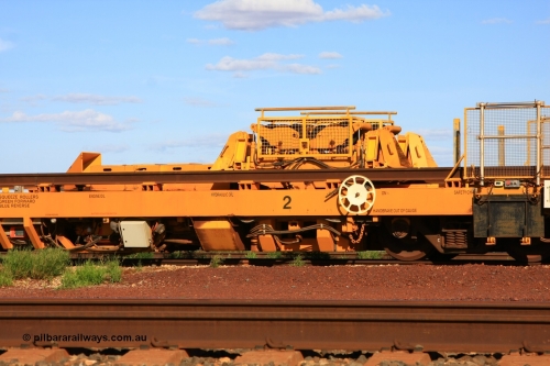 6214 Gemco WA 110208 9435
Flash Butt yard, new Lead-Off Lead-On waggon STTR class STTR 6214 on the end of the Steel Train or rail recovery and transport train, built by Gemco Rail WA, squeeze roller location.
Keywords: Gemco-Rail-WA;BHP-rail-train;STTR-type;STTR6214;