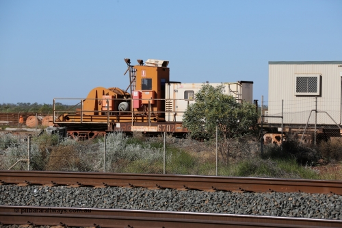 6702 Mt Newman Mining Workshops 130720 1558
Flash Butt yard, rail recovery and transport train, flat waggon 6702, heavily cut down and modified Magor USA ore waggon by Mt Newman Mining workshops, converted to a 50 tonne waggon and designated the winch waggon with generator set to power the winch and the crib car.
Keywords: Magor-USA;Mt-Newman-Mining-WS;BHP-rail-train;