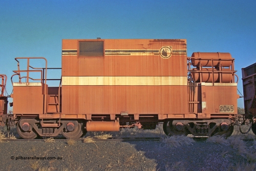 2065 Mt Newman Mining Workshops 257-12
Flash Butt yard, view of stored out of service LocoTrol waggon 2065, converted from a Comeng WA build ore waggon.
Keywords: Magor-USA;BHP-Locotrol-waggon;