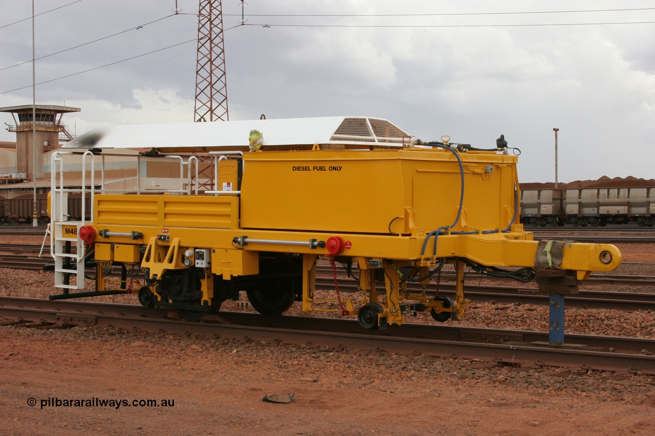 050407 0379
Nelson Point yard hard stand area sees brand new having only been delivered, BHP track tamper support trailer for Tamper 3 which will arrive in a couple of days. Plasser Australia 09-3X model with serial M480. 7th April 2005.
Keywords: Tamper3;Plasser-Australia;09-3X;M480;track-machine;