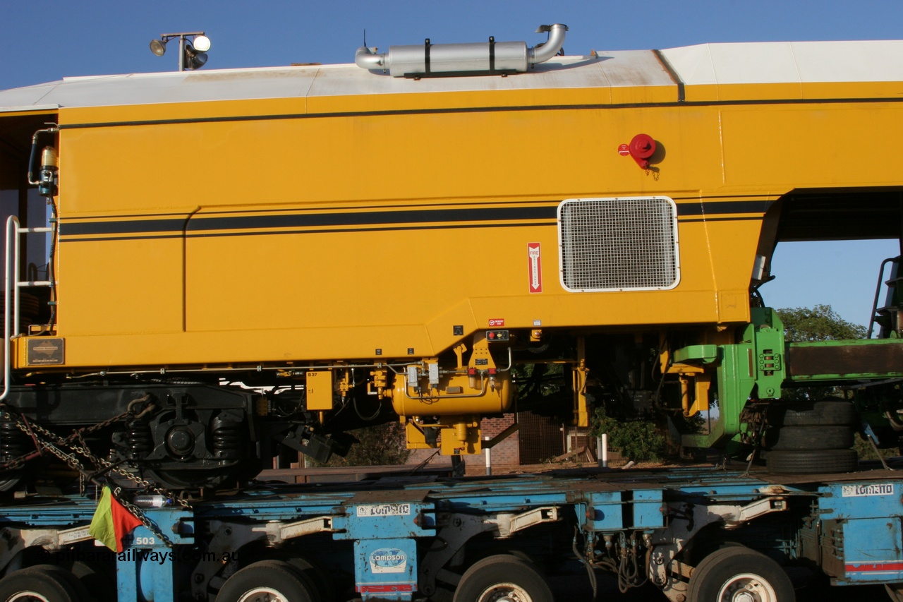 050409 0409
Shell Swagman Roadhouse, Lampson eighty wheel float ready to deliver BHP's new mainline tamper a Plasser Australia 09-3X model with serial M480 view of engine compartment. 9th April 2005.
Keywords: Tamper3;Plasser-Australia;09-3X;M480;track-machine;