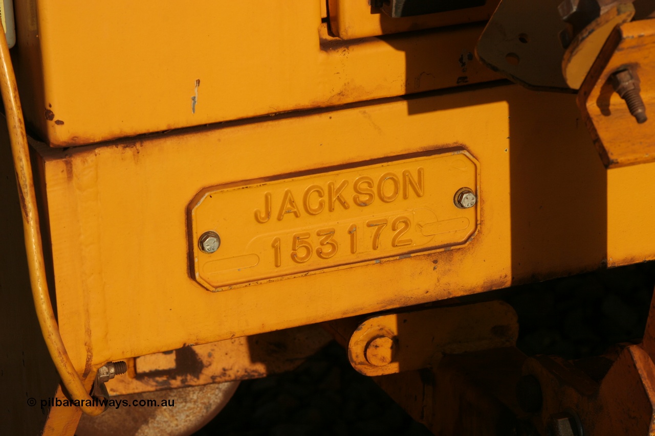 050414 0939
Flash Butt yard, builders plate of Barclay Mowlem track tamper a Fairmont Jackson model 6700 tamper serial 153172. 14th April 2005.
Keywords: Jackson;6700;153172;track-machine;