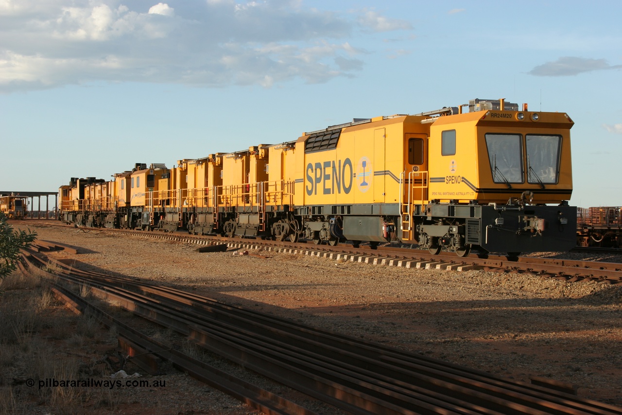 050414 0945
Flash Butt yard, Speno Australia's double RR24 rail grinder setup for BHP. Front unit is serial M20. These were later numbered as RG 1 and RG 2 respectively. 14th April 2005.
Keywords: Speno;RR24;M20;track-machine;